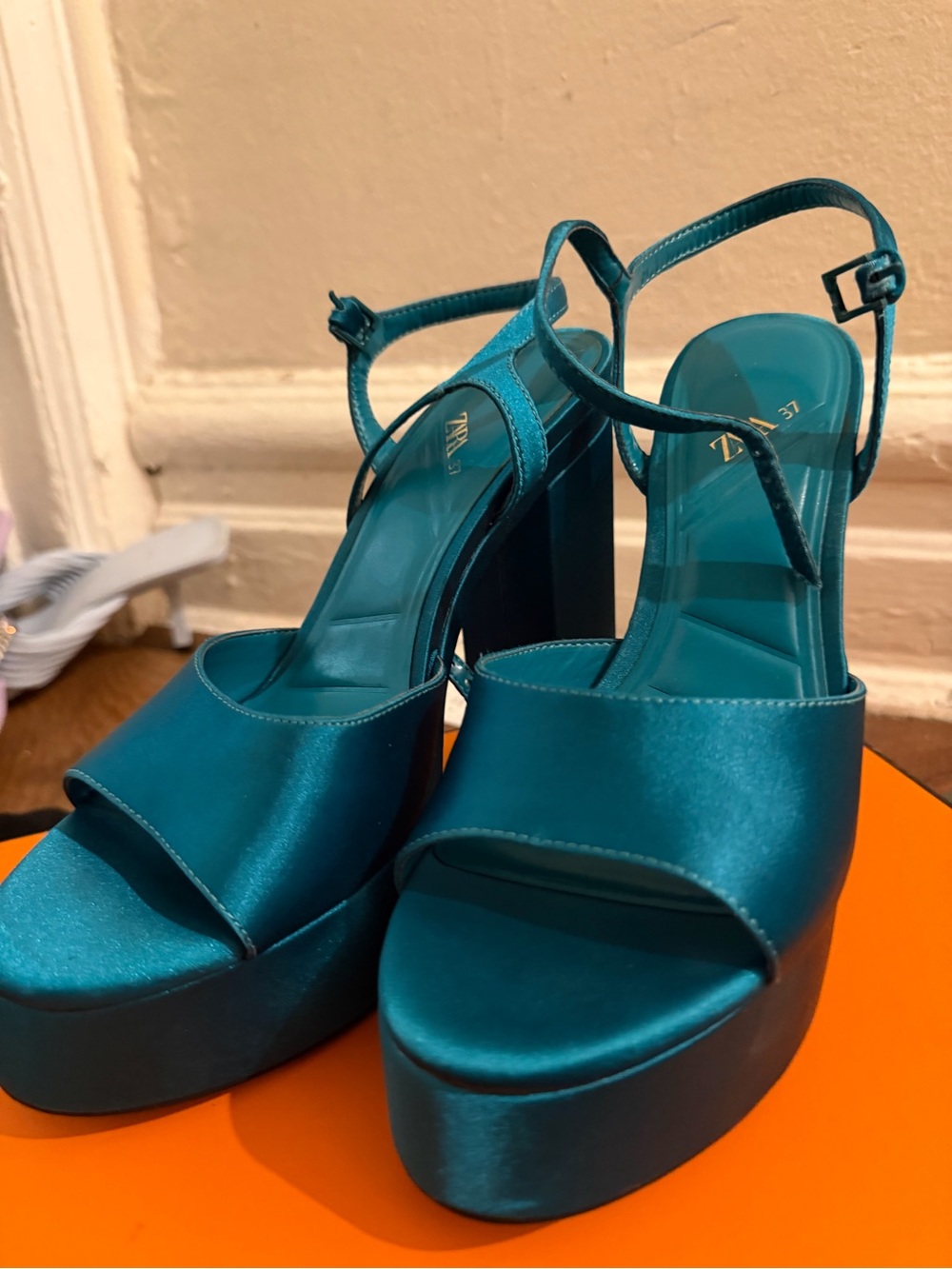 Zara Teal Satin Platform Heels